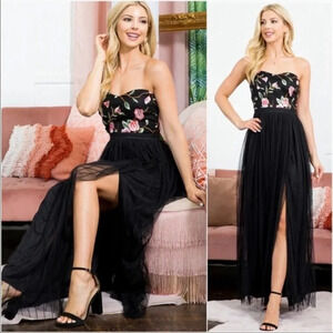 Black Floral Chiffon Maxi Dress | Strapless Sweetheart Slit Evening Gown